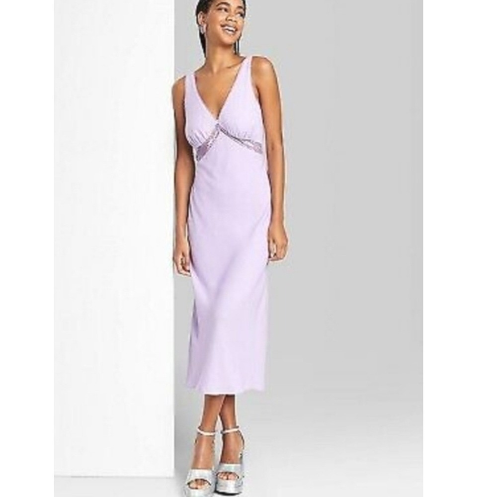Lavender Lace Cutout V-Neck Midi Dress Sleeveless Tie Back Fairy Med Slip Dress